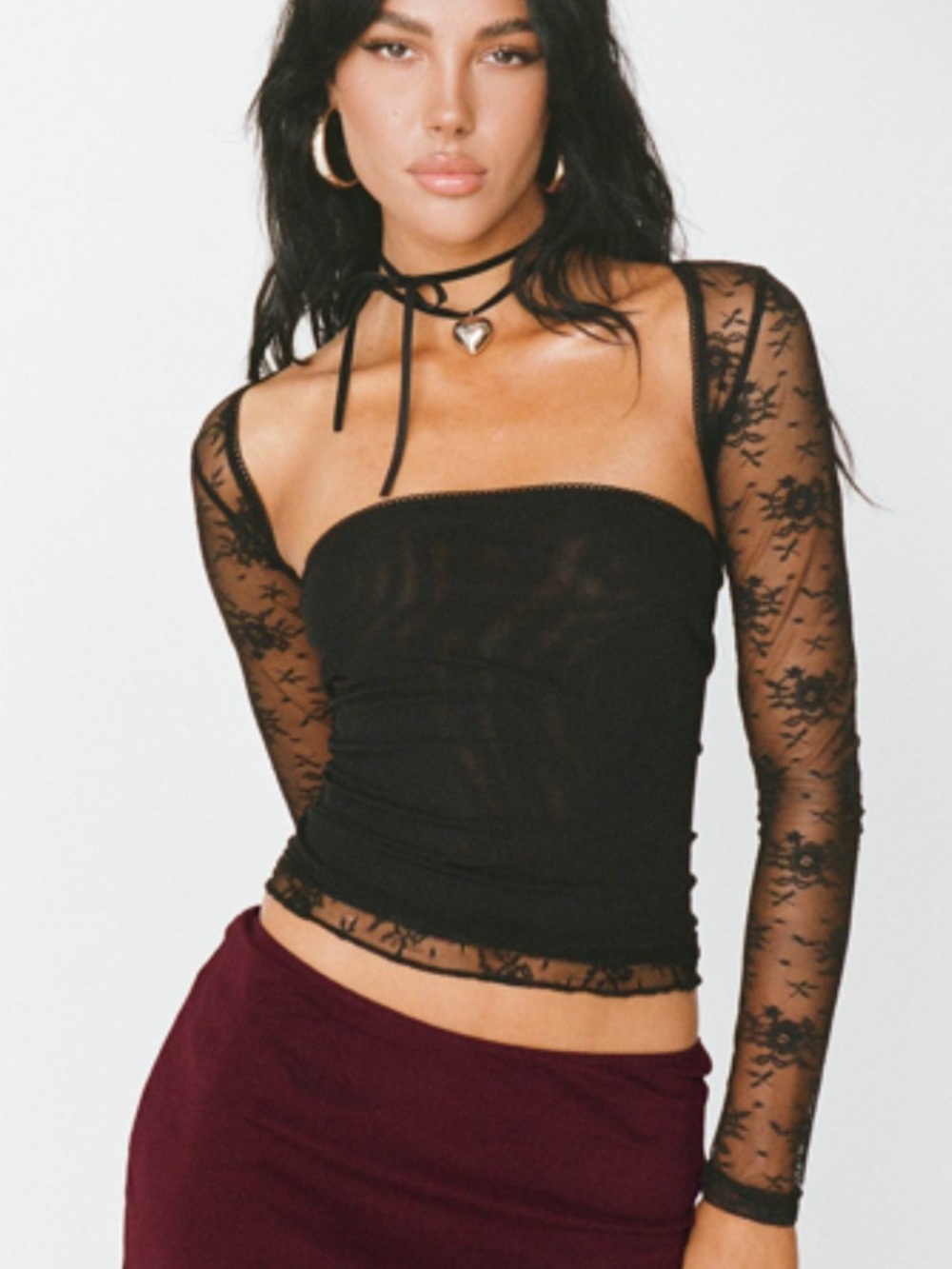 Princess Polly Black Lace Long-Sleeve Tube Two Piece Crop Top